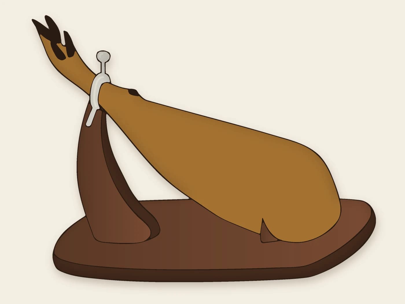 Parts of a ham placed in the ham stand: shank (caña), hock (jarrete), cushion (maza), tip (punta) and contra (babilla)