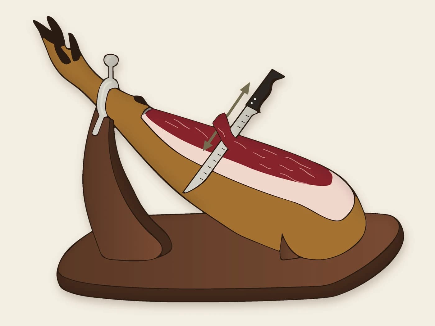 Step 2: the ham knife, with the blade flat on the cutting surface, cuts a slice from the cushion