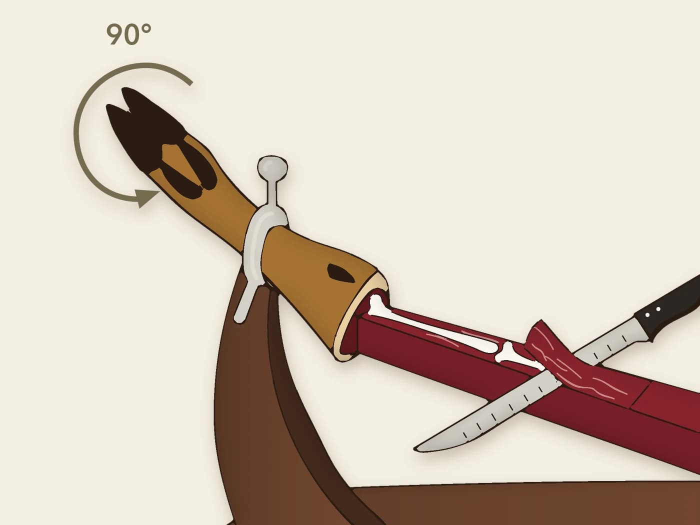 Step 6: the ham turned 90 degrees and the ham knife cutting the hock