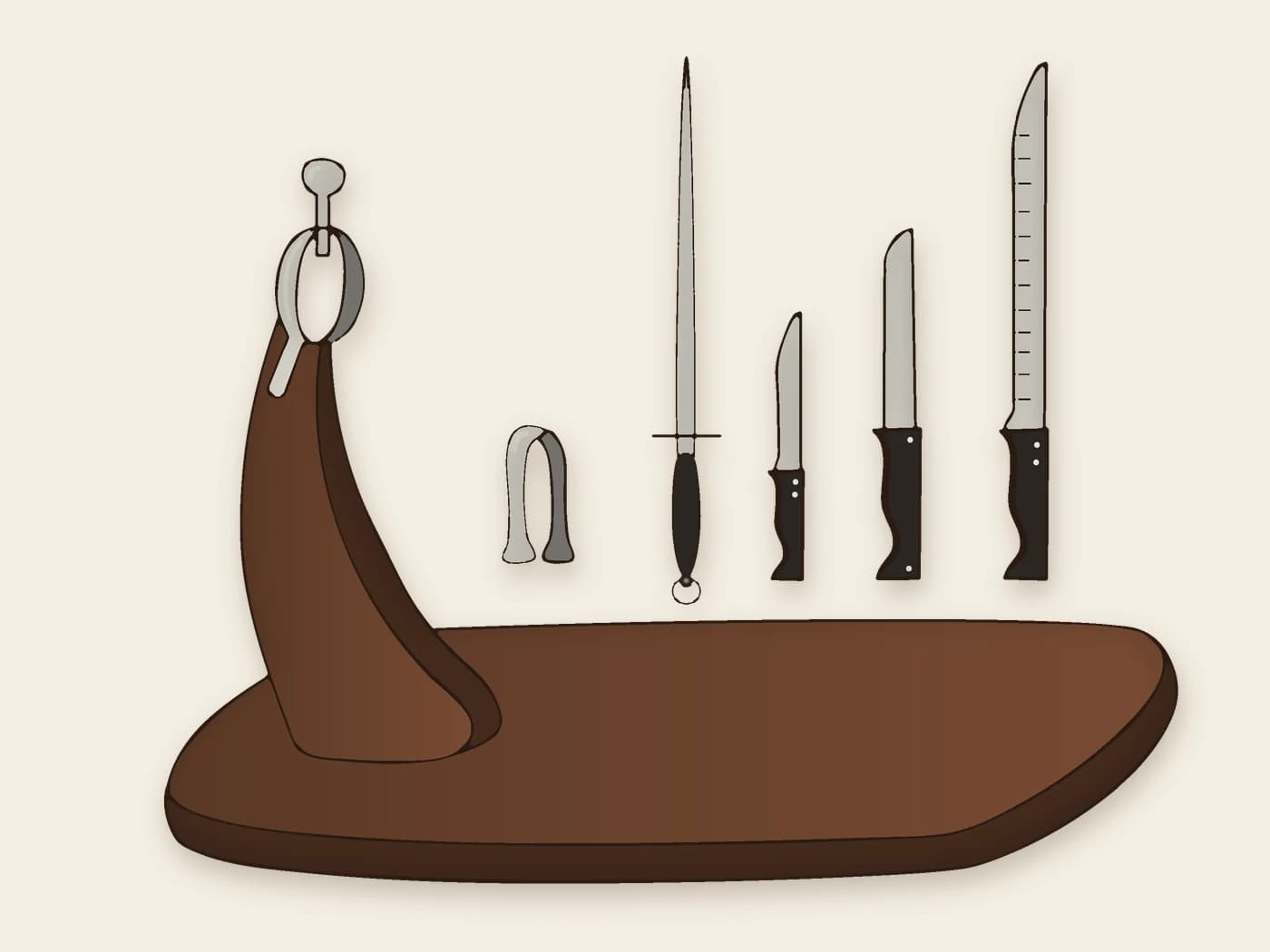 Utensils for carving ham: ham stand, tongs, honing steel, boning knife, skinning knife and ham knife