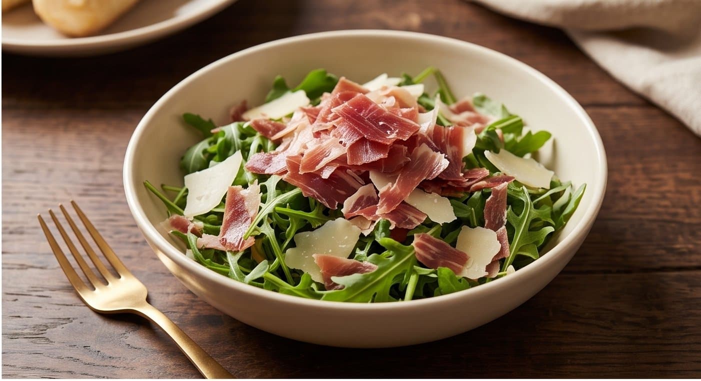 Ensalada de rúcula con virutas de jamón ibérico y parmesano