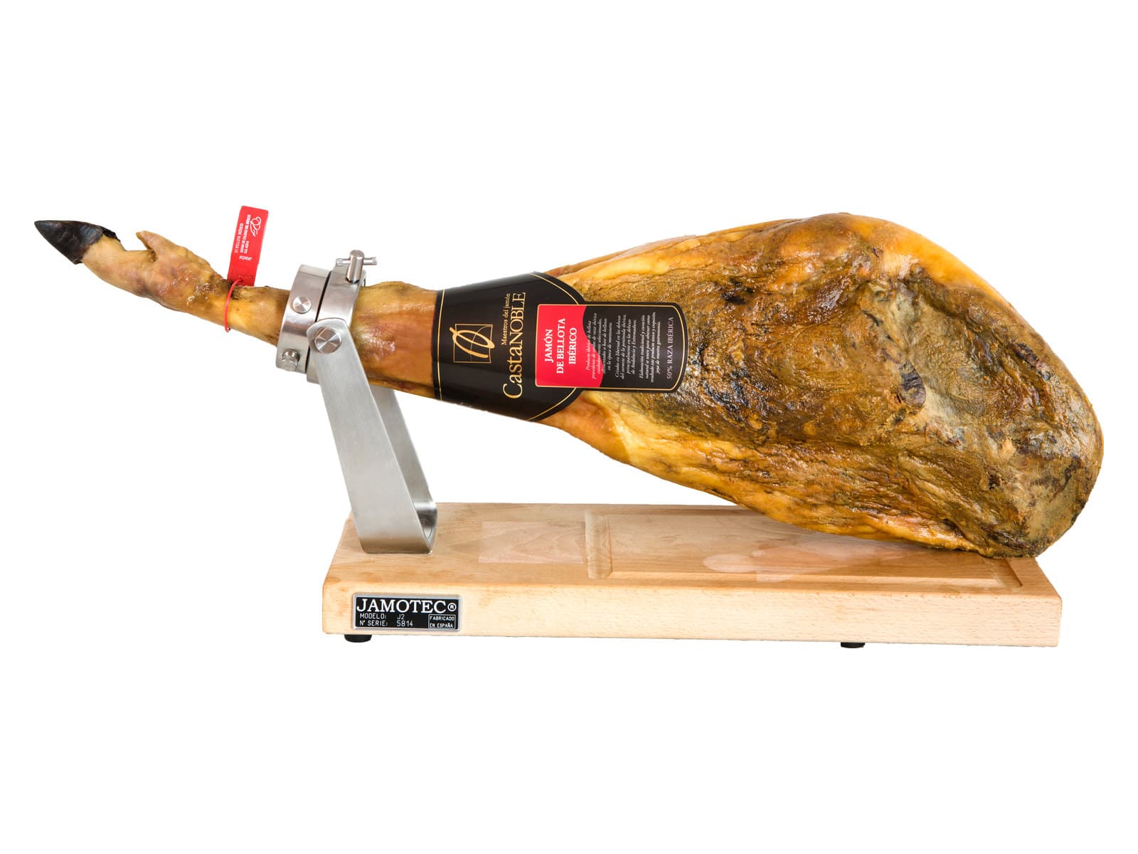 Un jamón de bellota ibérico 50 % raza ibérica de Castanoble colocado en el jamonero con la pezuña hacia arriba, visto de lado.